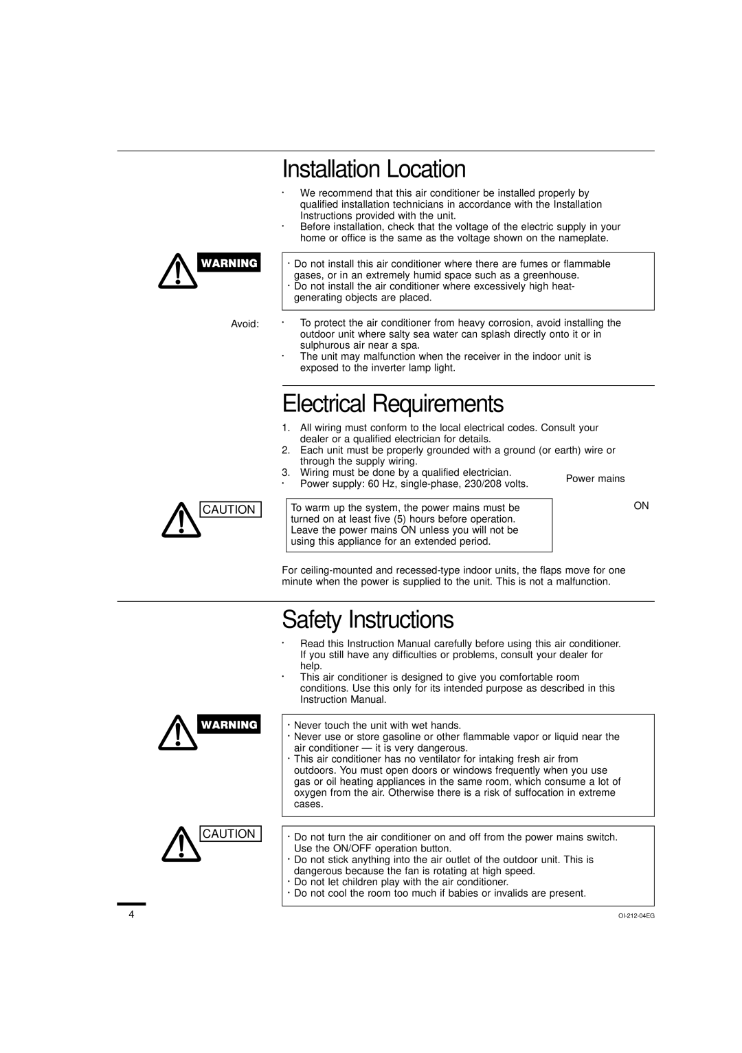 Sanyo THS3632, XHS3632, XHS4232, XHS2432, THS4232, THS2432 Installation Location, Electrical Requirements, Safety Instructions 