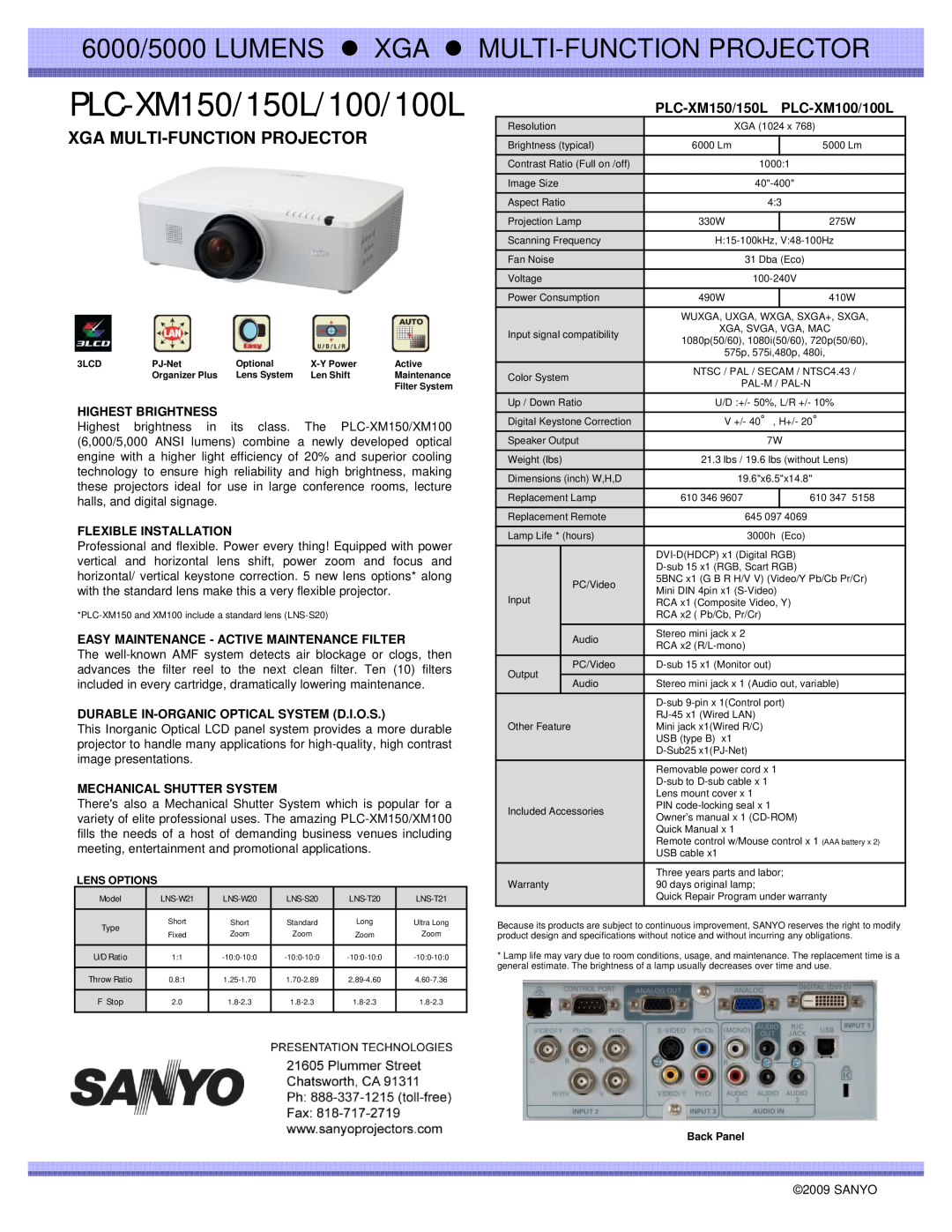 Sanyo dimensions PLC-XM150/150L/100/100L, 6000/5000 LUMENS z XGA z MULTI-FUNCTIONPROJECTOR, Xga Multi-Functionprojector 