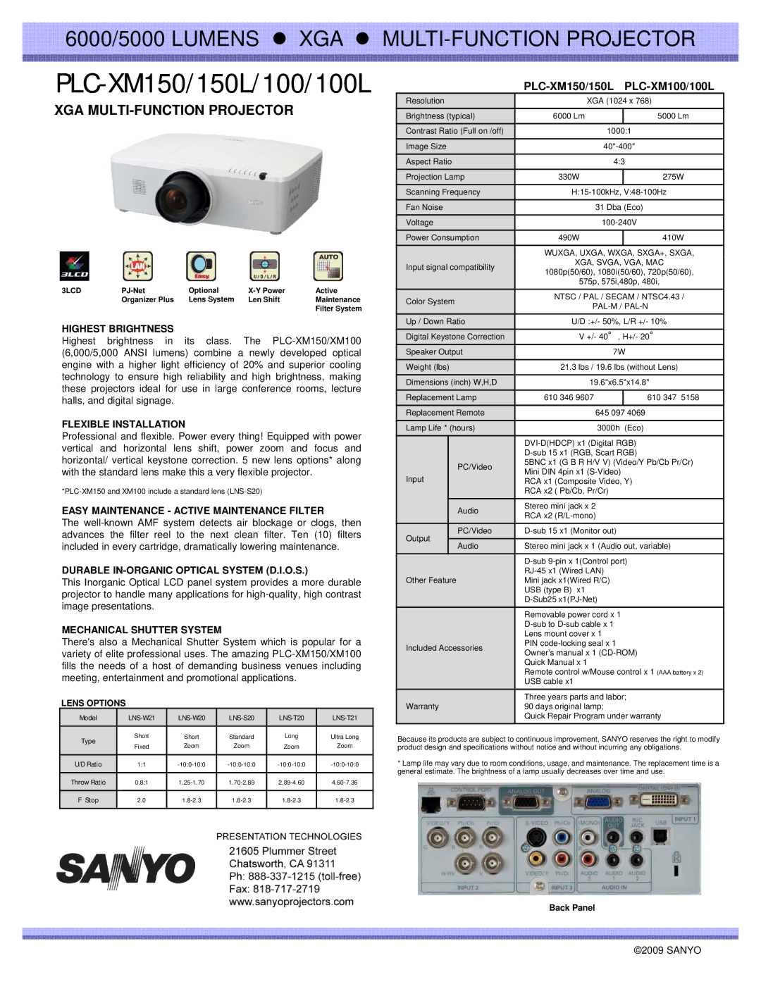 Sanyo XM150 dimensions Highest Brightness, Flexible Installation, Easy Maintenance Active Maintenance Filter 