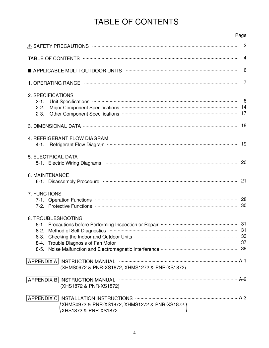 Sanyo XMHS0972, XMHS1272 service manual Table of Contents 