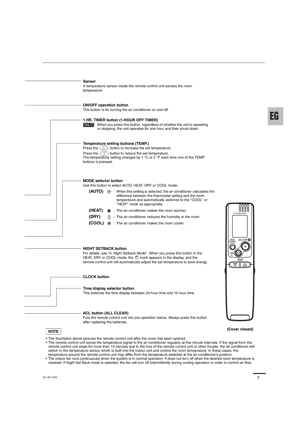 Sanyo XMHS0972 Sensor, ON/OFF operation button, HR. Timer button 1-HOUR OFF Timer, Temperature setting buttons Temp 