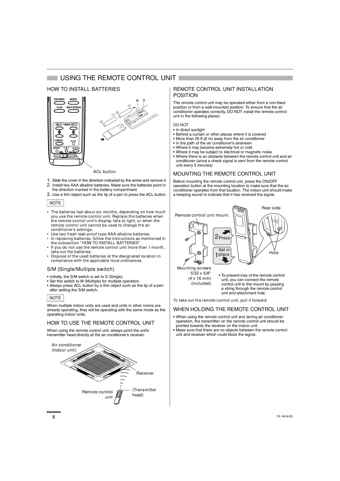 Sanyo XMHS1272, XMHS0972 service manual Using the Remote Control Unit, Single/Multiple switch 