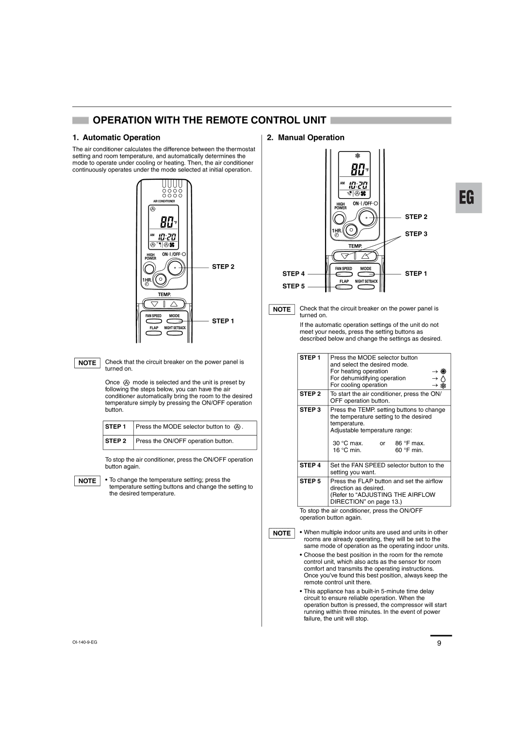 Sanyo XMHS0972, XMHS1272 service manual Operation with the Remote Control Unit, Automatic Operation, Manual Operation 