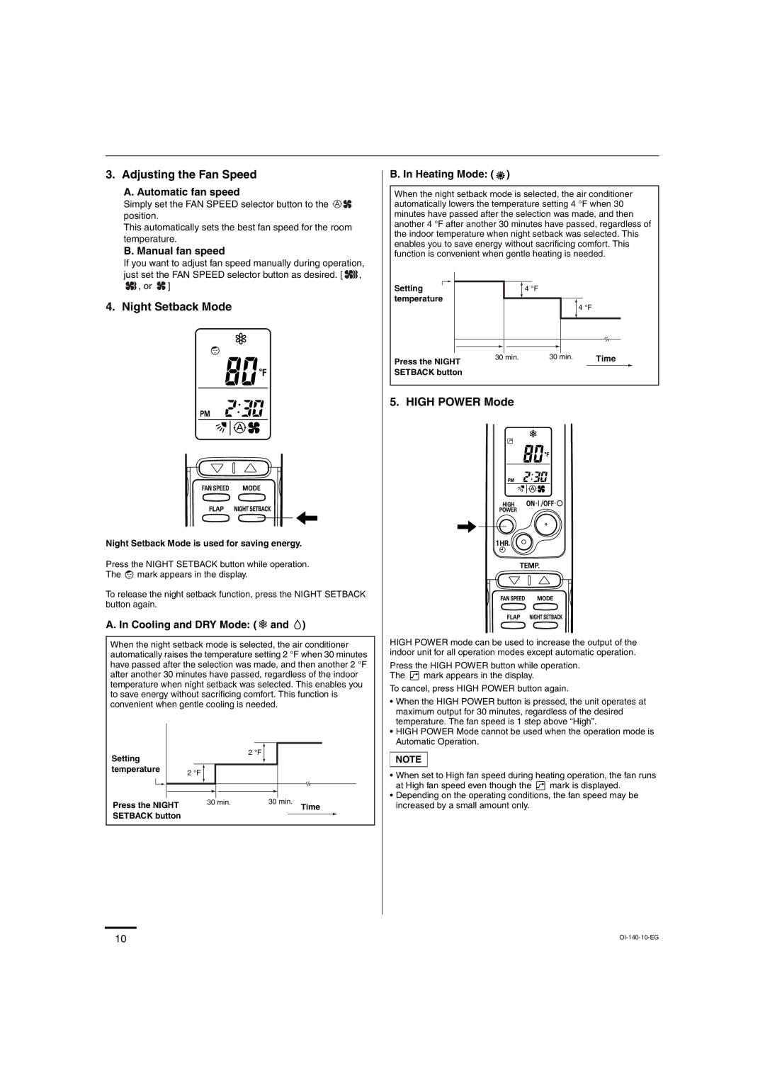 Sanyo XMHS1272, XMHS0972 service manual Adjusting the Fan Speed, Night Setback Mode, High Power Mode 