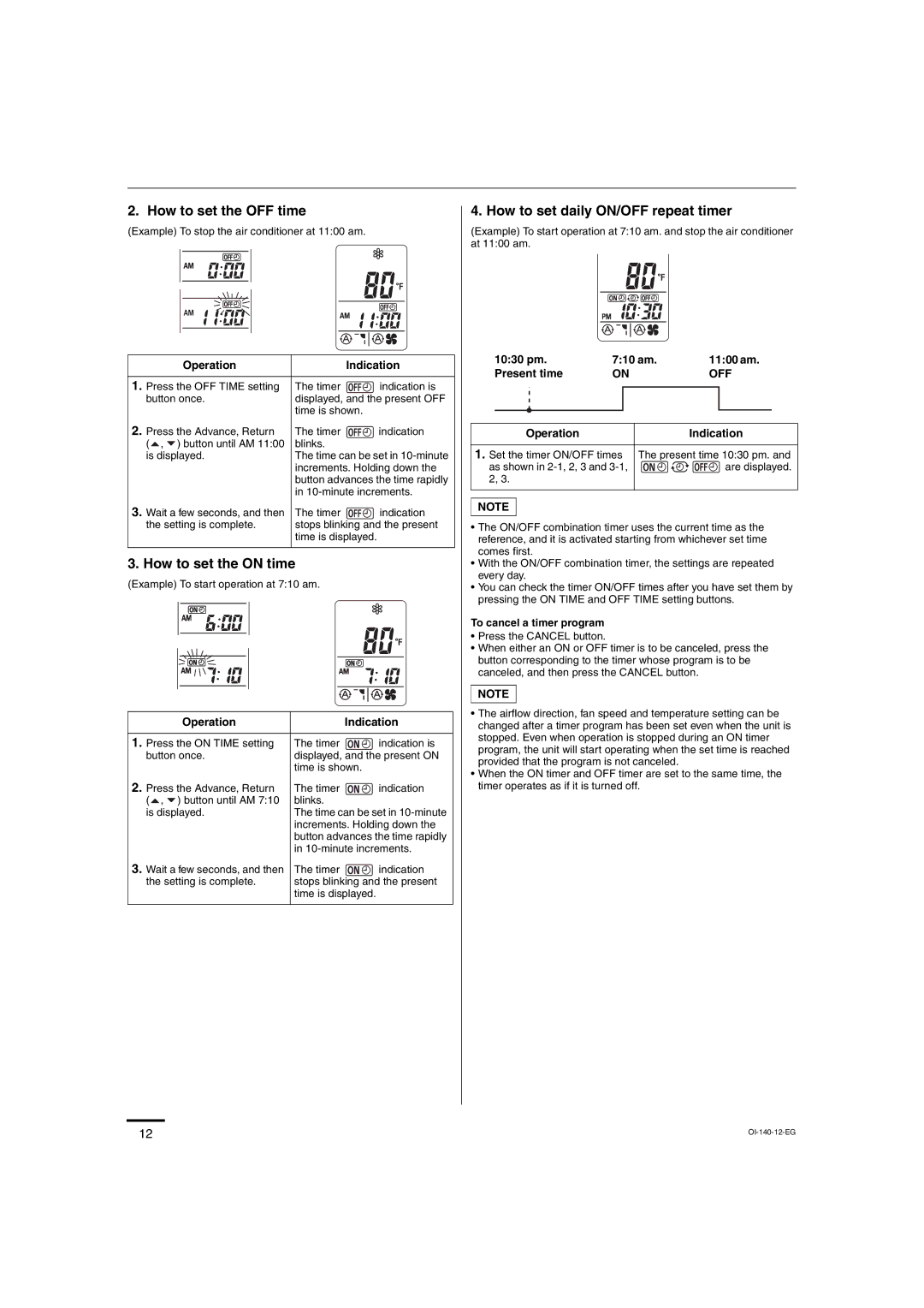 Sanyo XMHS1272, XMHS0972 How to set the OFF time, How to set the on time, How to set daily ON/OFF repeat timer 