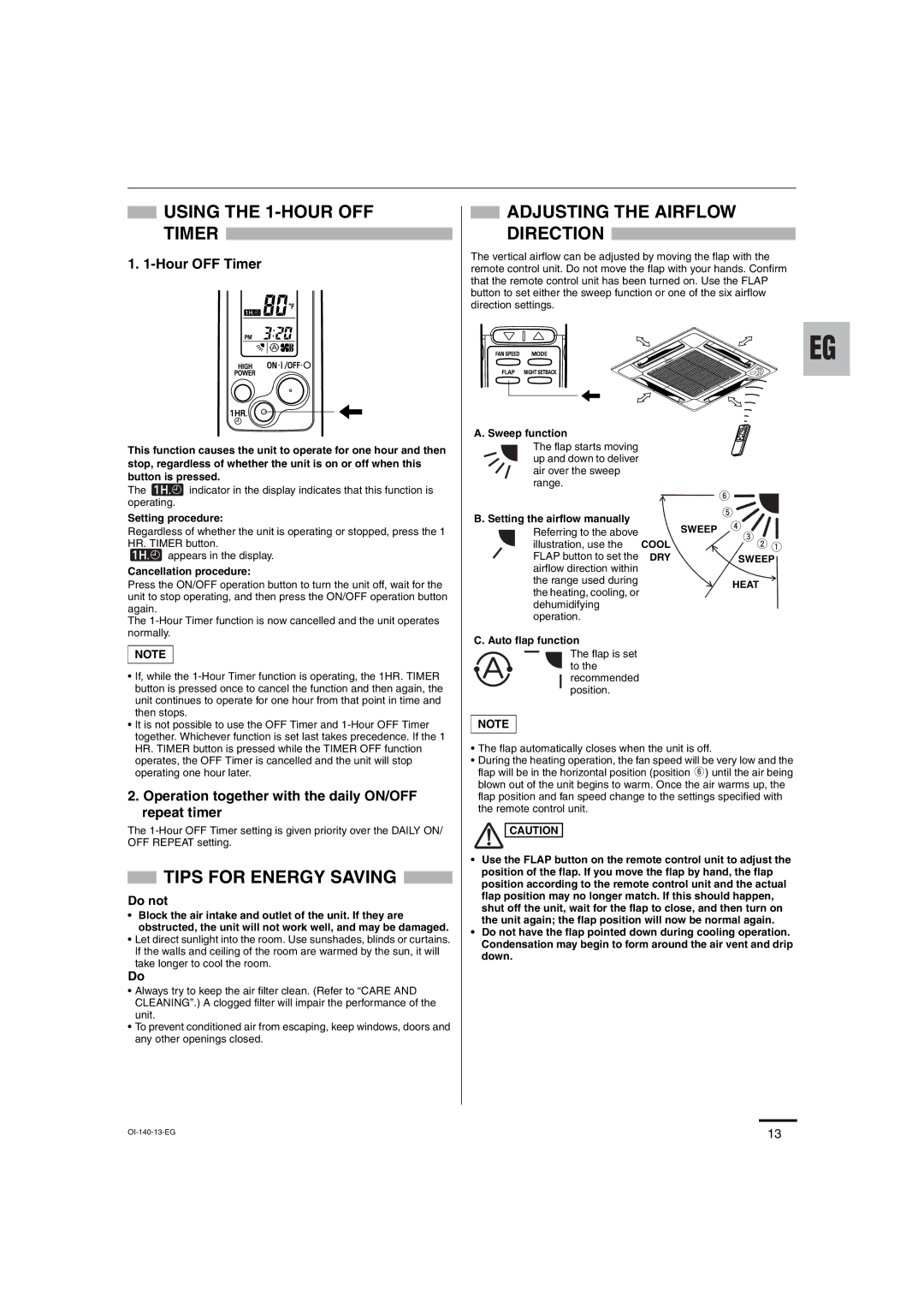 Sanyo XMHS0972 Using the 1-HOUR OFF Timer, Adjusting the Airflow Direction, Tips for Energy Saving, Hour OFF Timer 