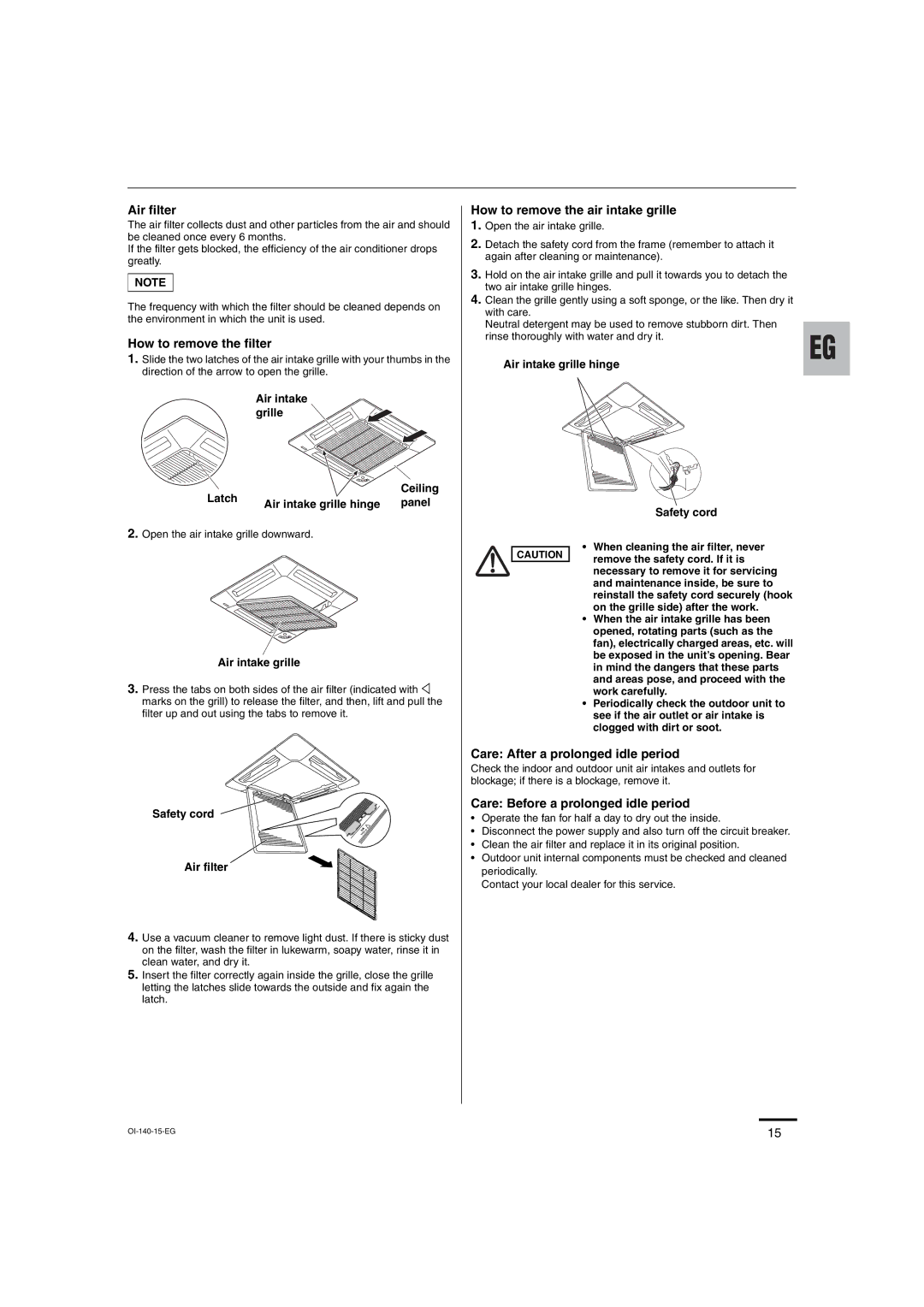 Sanyo XMHS0972, XMHS1272 service manual Air filter, How to remove the filter, How to remove the air intake grille 