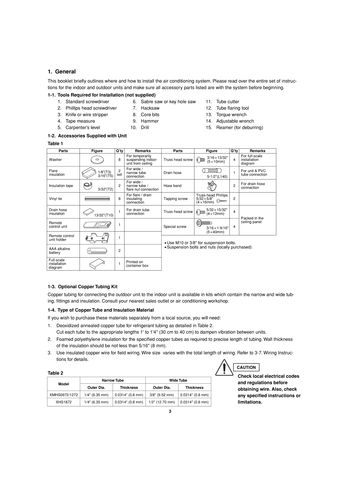 Sanyo XMHS0972, XMHS1272 General, Tools Required for Installation not supplied, Accessories Supplied with Unit Table 