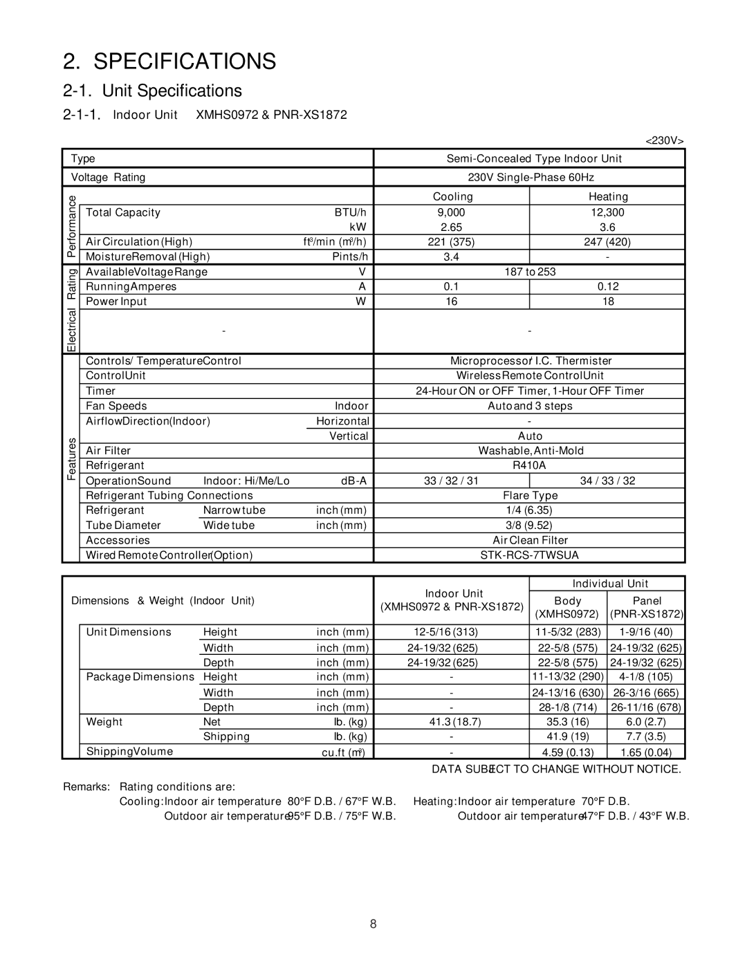 Sanyo XMHS1272 service manual Unit Specifications, Indoor Unit XMHS0972 & PNR-XS1872 