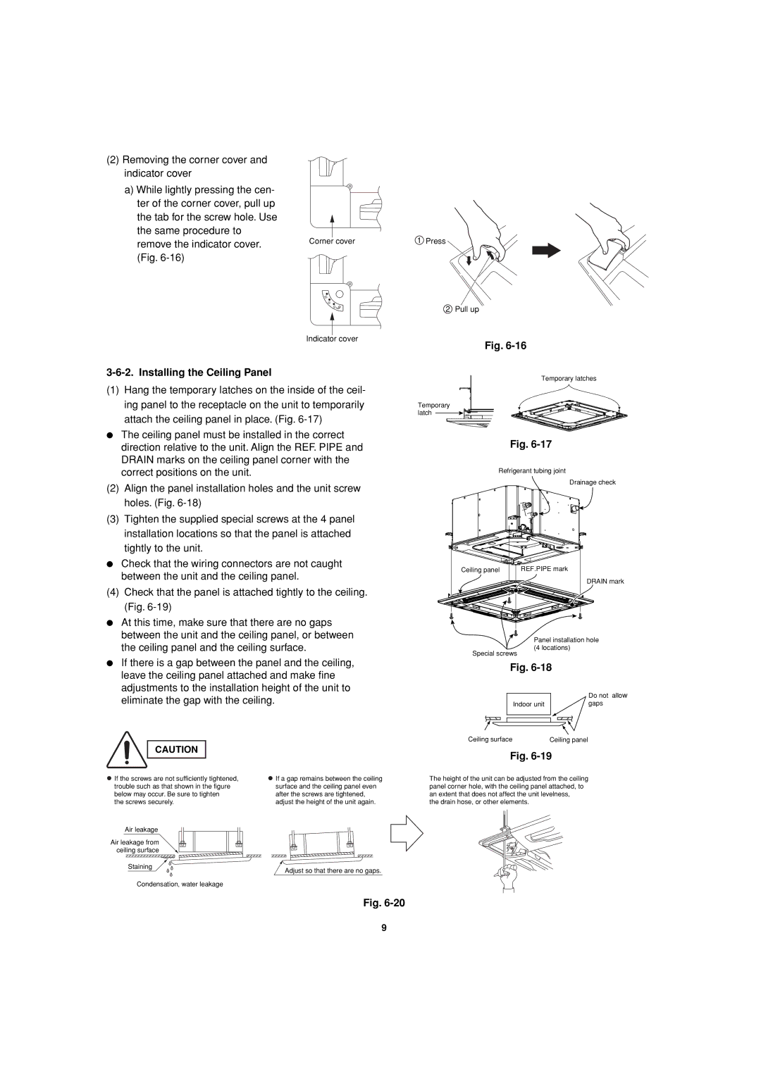 Sanyo XMHS0972, XMHS1272 service manual Installing the Ceiling Panel, Indoor unit Gaps Ceiling surface Ceiling panel 