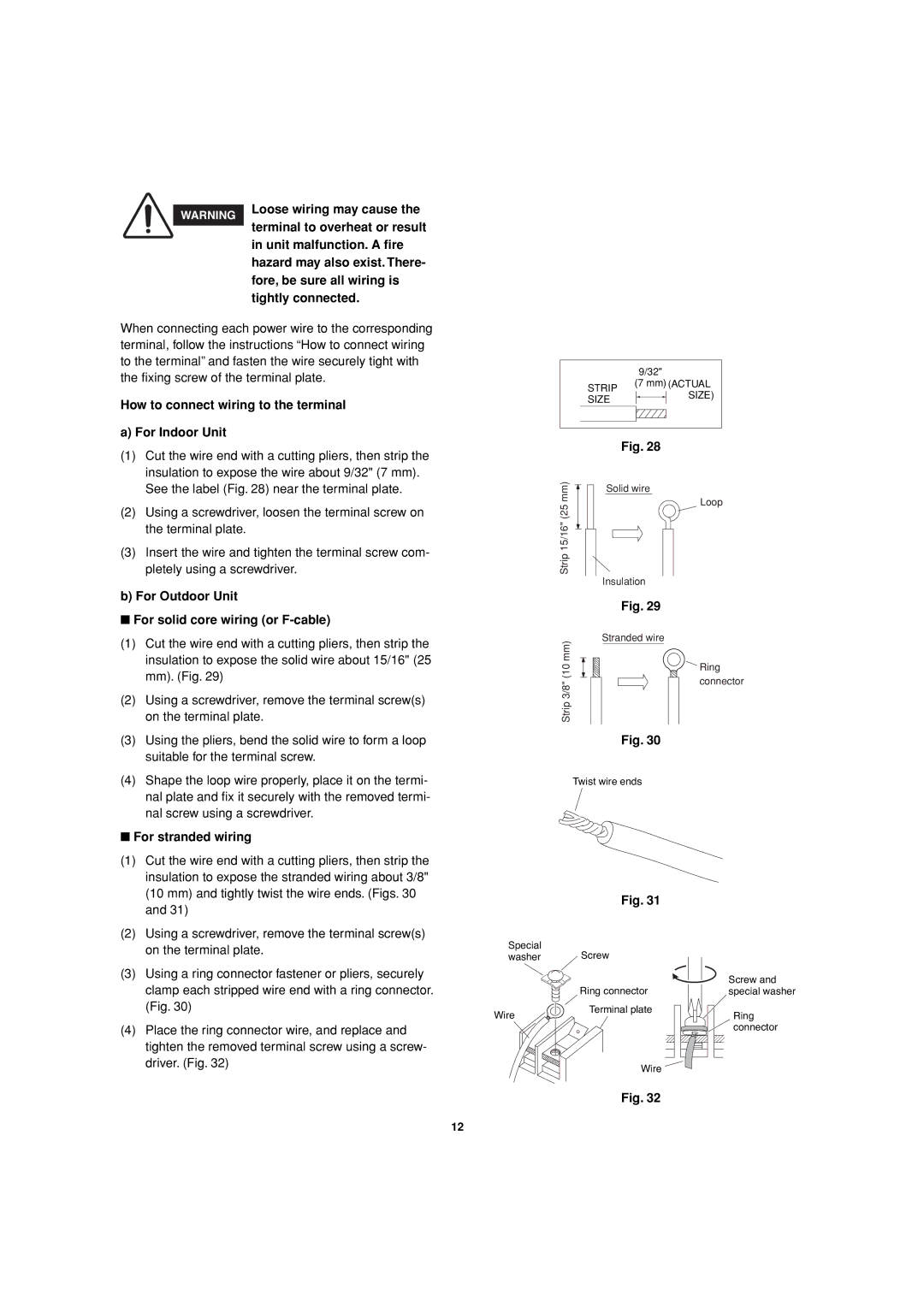 Sanyo XMHS1272 How to connect wiring to the terminal For Indoor Unit, For Outdoor Unit For solid core wiring or F-cable 