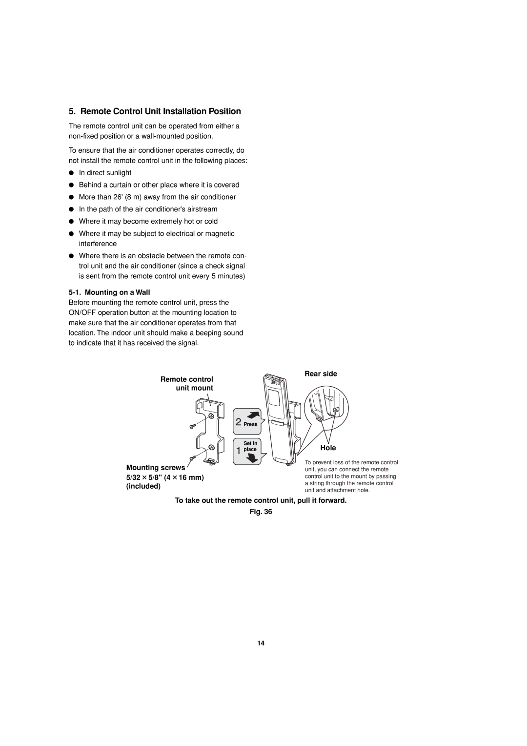 Sanyo XMHS1272 Remote Control Unit Installation Position, Mounting on a Wall, Rear side Remote control unit mount 