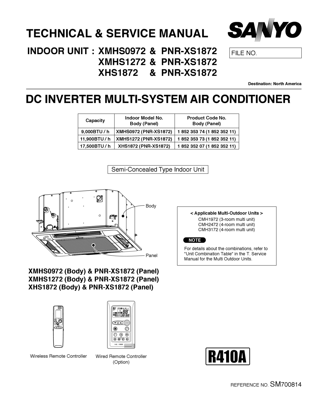 Sanyo XMHS1272 service manual Technical & Service Manual, Dc Inverter Multi-Systemair Conditioner, File No, Capacity 