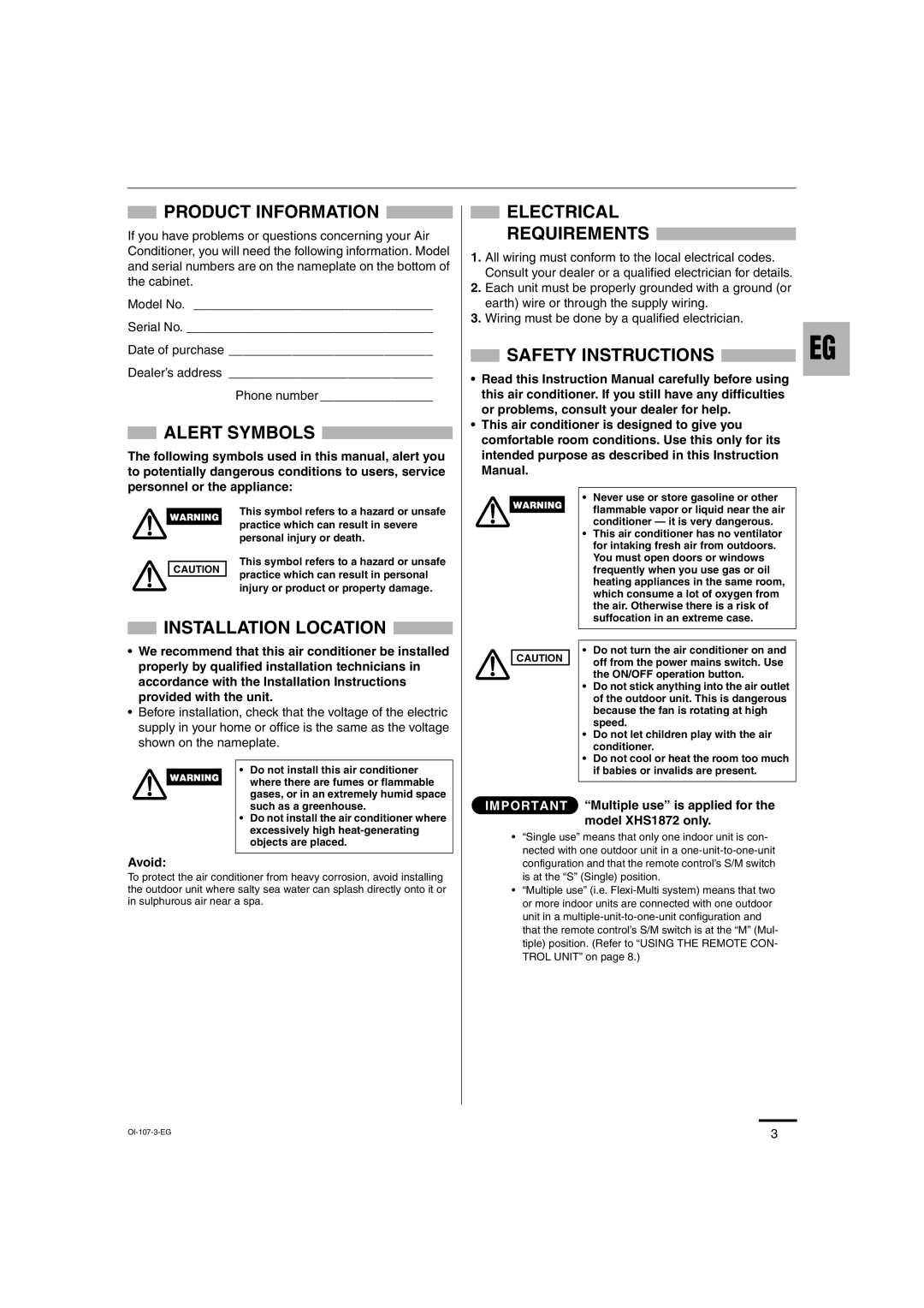 Sanyo XMHS1272 Product Information, Alert Symbols, Installation Location, Electrical Requirements, Safety Instructions 