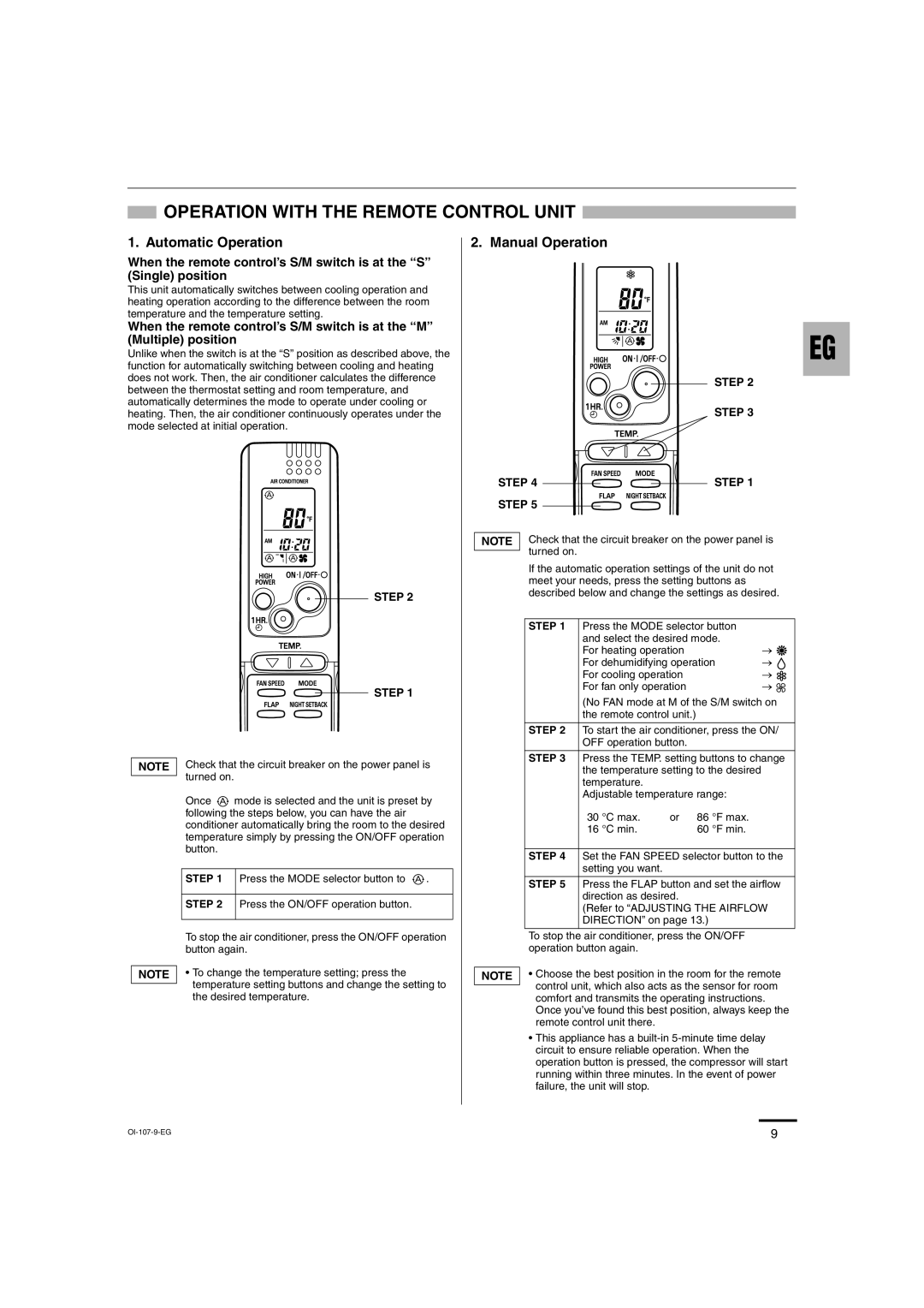 Sanyo XMHS1272, XMHS0972 service manual Operation With The Remote Control Unit, Automatic Operation, Manual Operation 