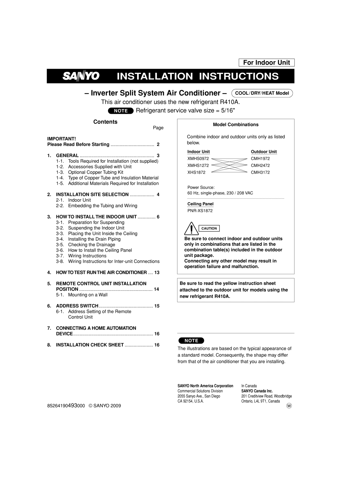 Sanyo XMHS0972, XMHS1272 Installation Instructions, For Indoor Unit, NOTE Refrigerant service valve size = 5/16, Contents 