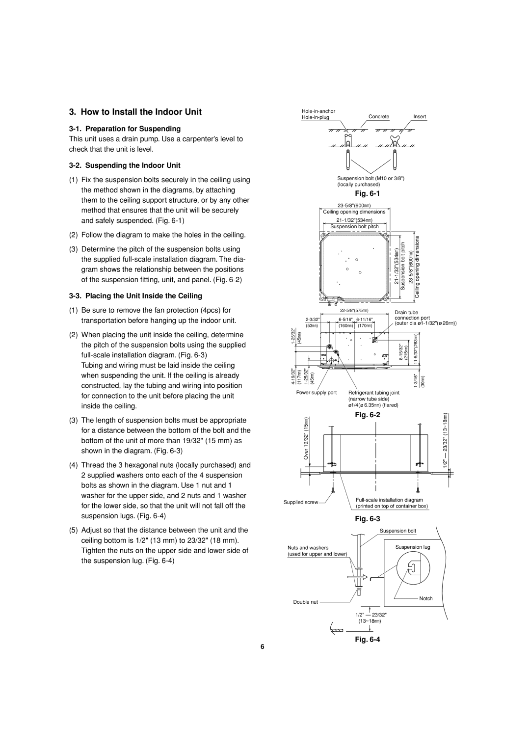 Sanyo XMHS1272, XMHS0972 How to Install the Indoor Unit, Preparation for Suspending, Suspending the Indoor Unit, Fig 