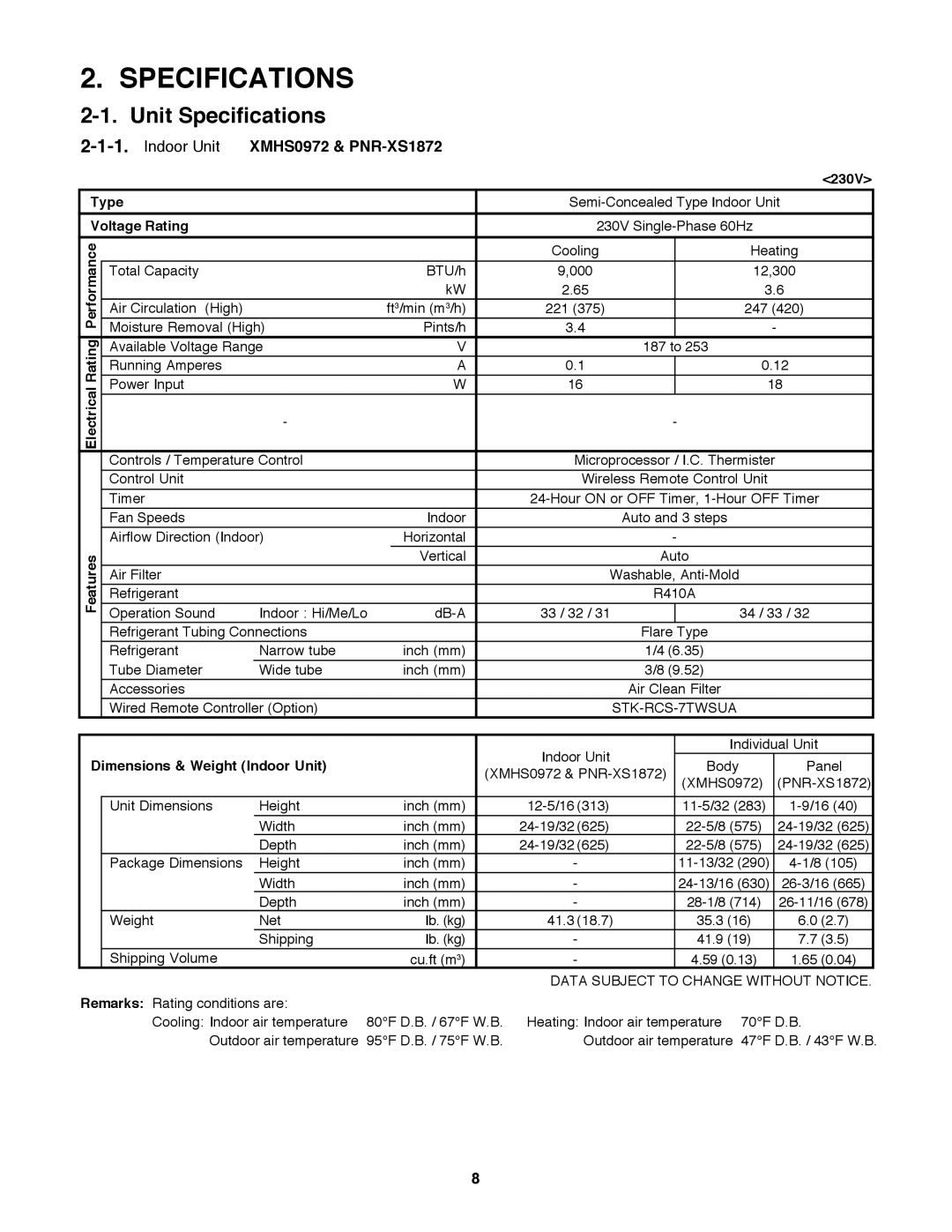 Sanyo XMHS1272 service manual Unit Specifications, Indoor Unit XMHS0972 & PNR-XS1872, 230V, Type, Voltage Rating 