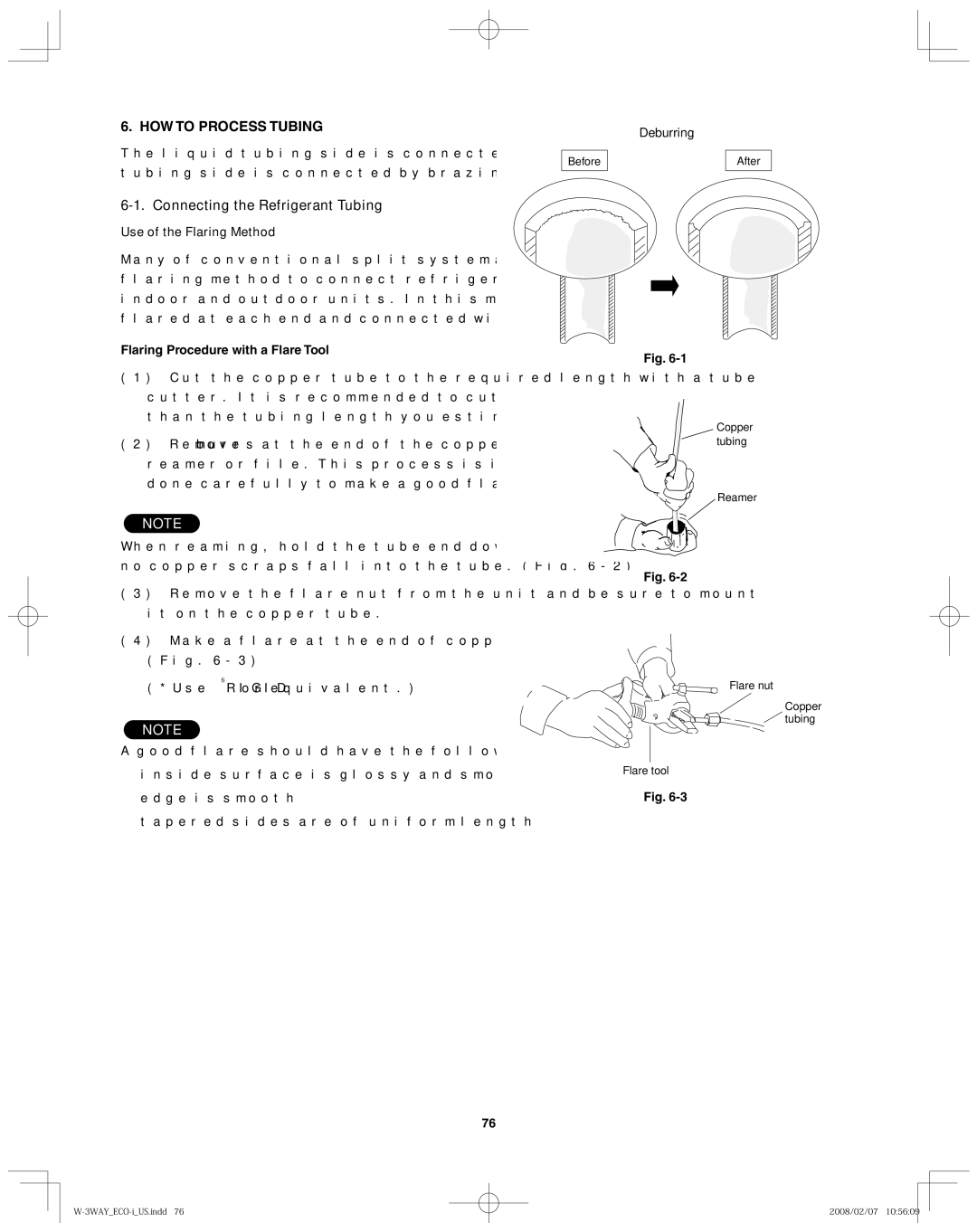 Sanyo XMHX1852, XMHX1252 Connecting the Refrigerant Tubing, Use of the Flaring Method, Flaring Procedure with a Flare Tool 