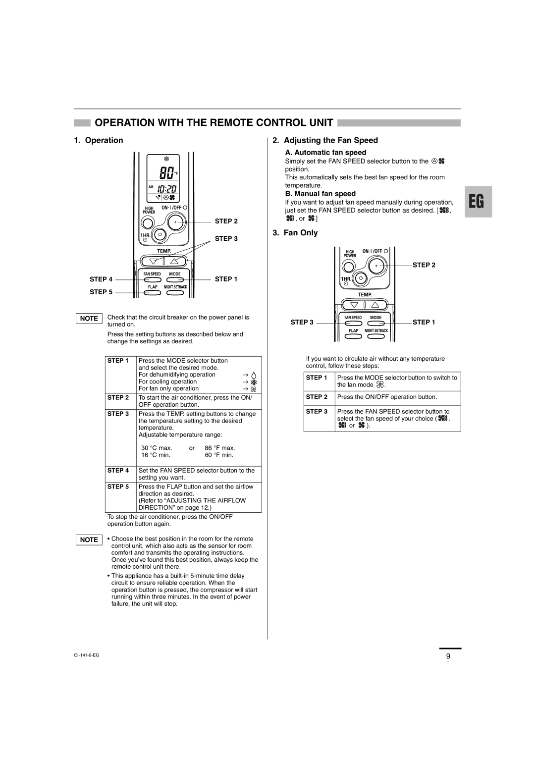 Sanyo XMS0972, XMS1272 service manual Operation with the Remote Control Unit, Automatic fan speed, Manual fan speed 