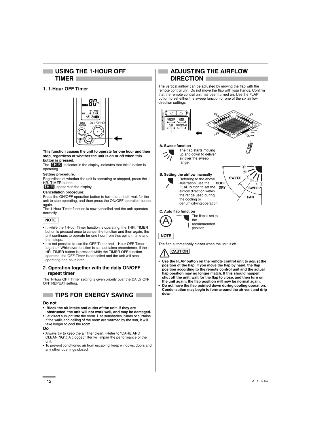 Sanyo XMS1272, XMS0972 Using the 1-HOUR OFF Timer, Tips for Energy Saving, Adjusting the Airflow Direction, Do not 