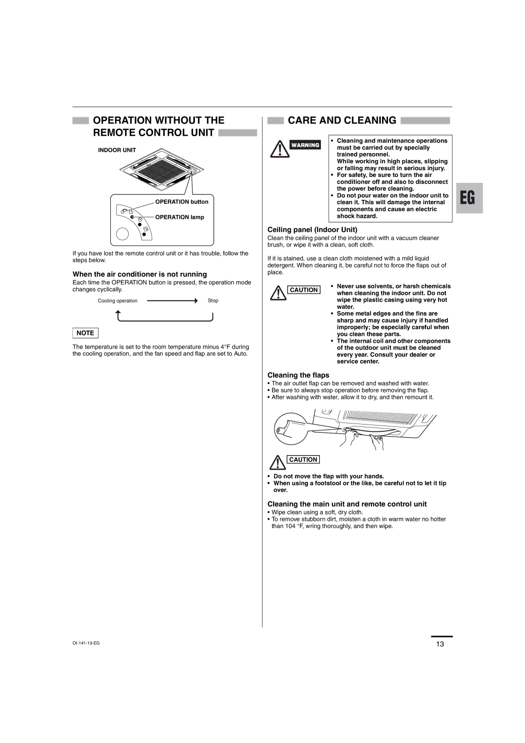 Sanyo XMS0972 Care and Cleaning, When the air conditioner is not running, Ceiling panel Indoor Unit, Cleaning the flaps 