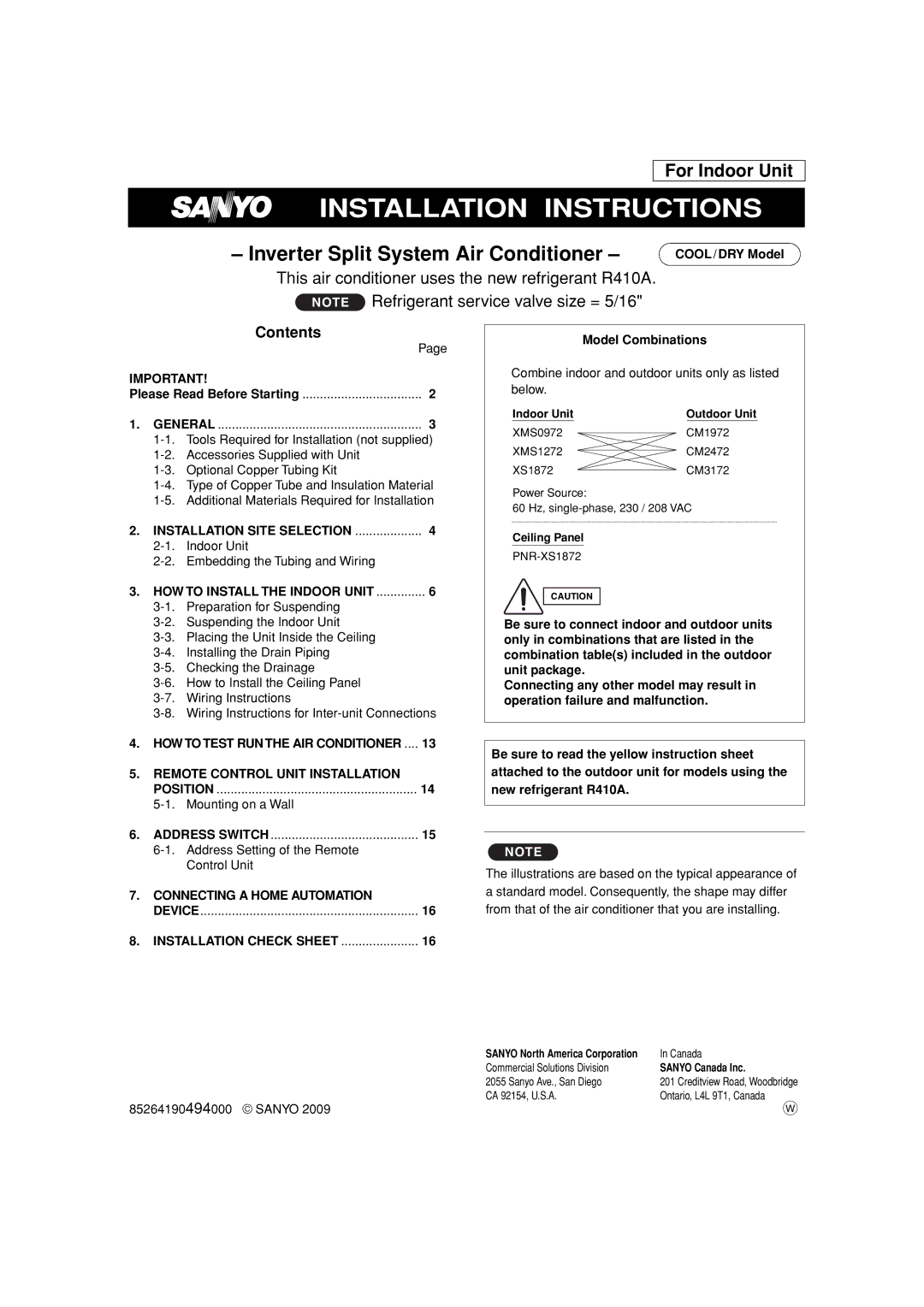 Sanyo XMS0972, XMS1272 service manual For Indoor Unit, Contents 