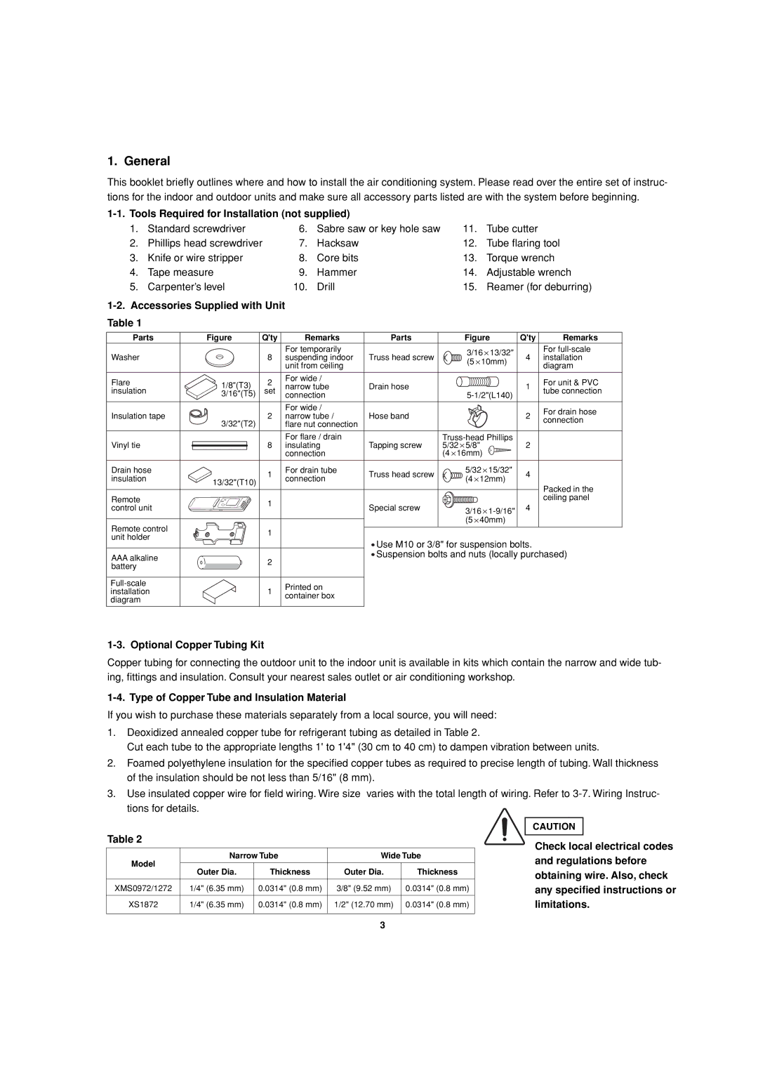 Sanyo XMS0972, XMS1272 General, Tools Required for Installation not supplied, Accessories Supplied with Unit Table 