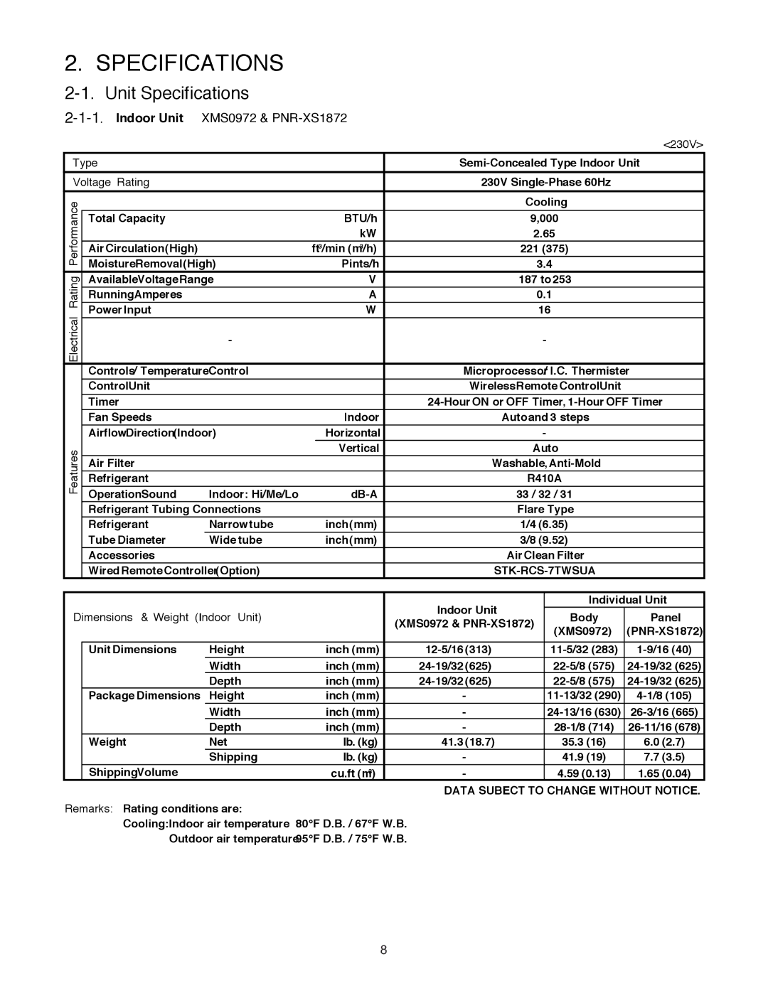 Sanyo XMS1272 service manual Unit Specifications, Indoor Unit XMS0972 & PNR-XS1872 