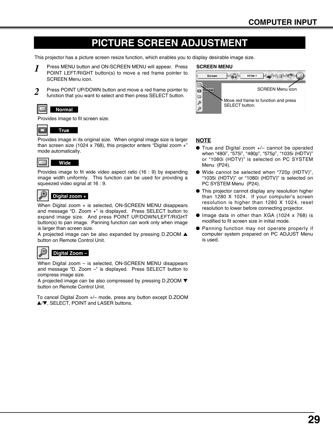Sanyo PLC-XP50L, XP51L owner manual Picture Screen Adjustment, Computer Input, Screen Menu 