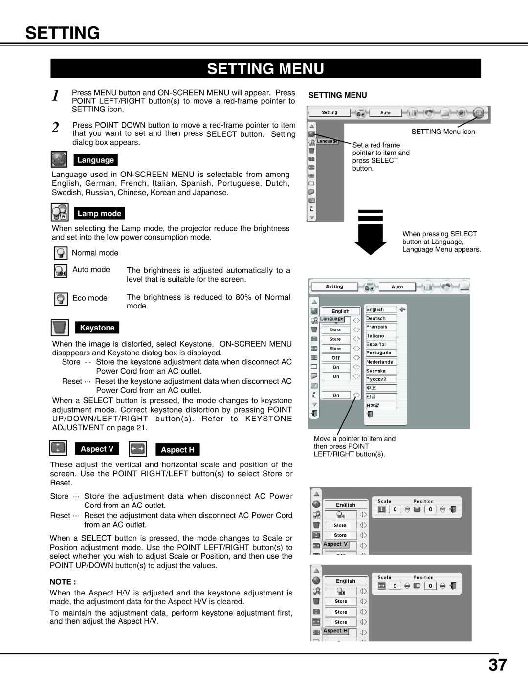 Sanyo PLC-XP50L, XP51L owner manual Setting Menu 