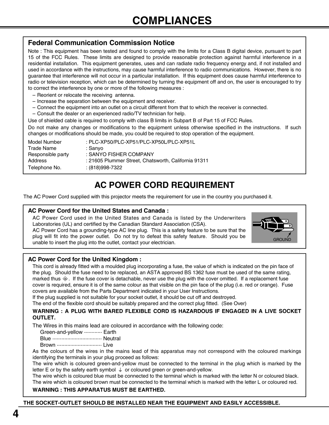 Sanyo XP51L, PLC-XP50L owner manual Compliances, Ac Power Cord Requirement, Federal Communication Commission Notice 