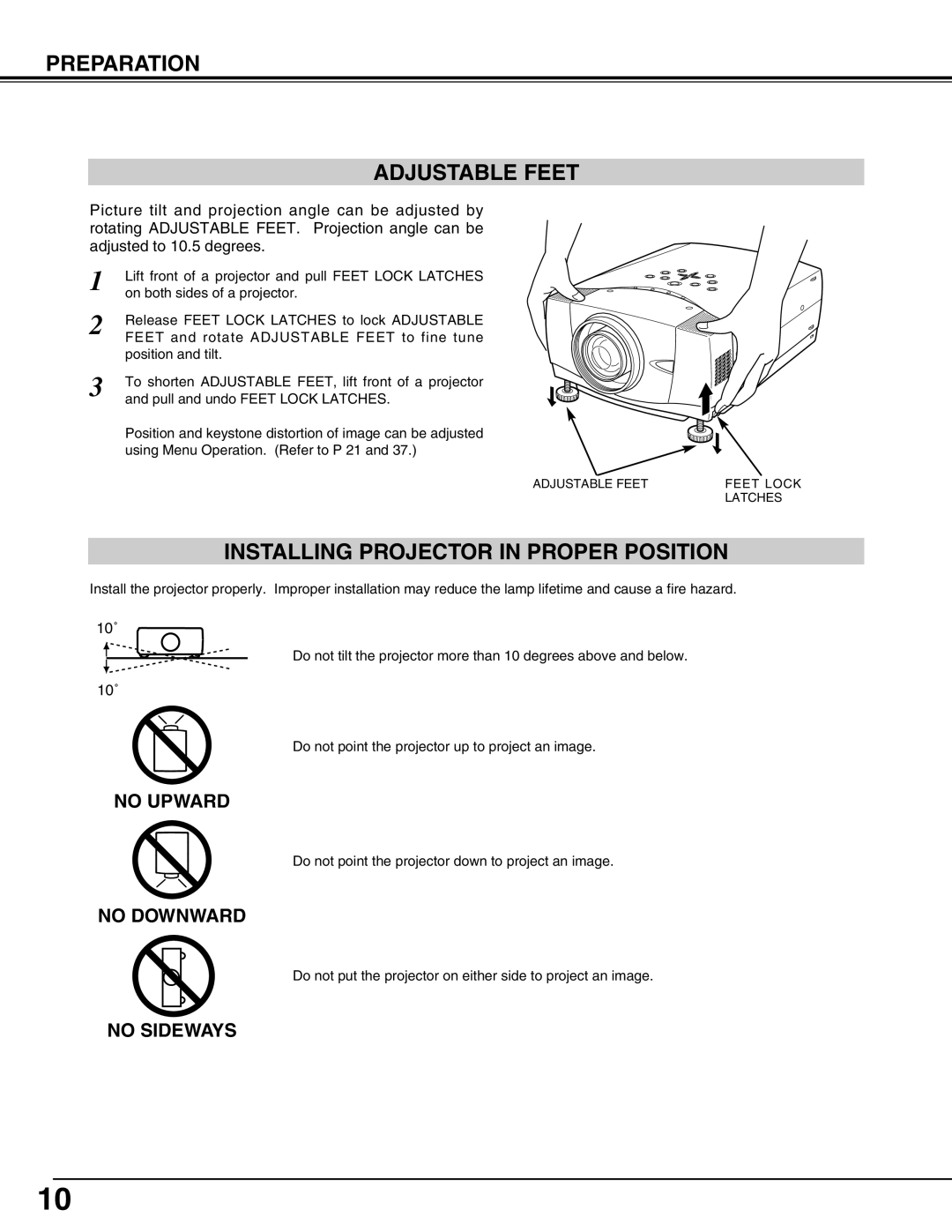 Sanyo XP51L, PLC-XP50L owner manual Preparation Adjustable Feet, Installing Projector in Proper Position 