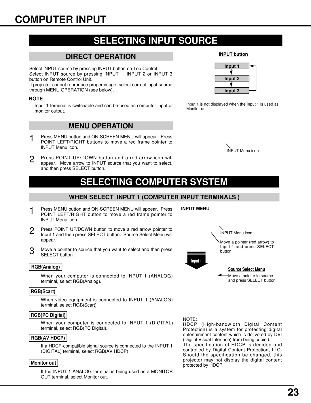 Sanyo PLC-XP50L, XP51L owner manual Computer Input, Selecting Input Source, Selecting Computer System, Rgbav Hdcp 