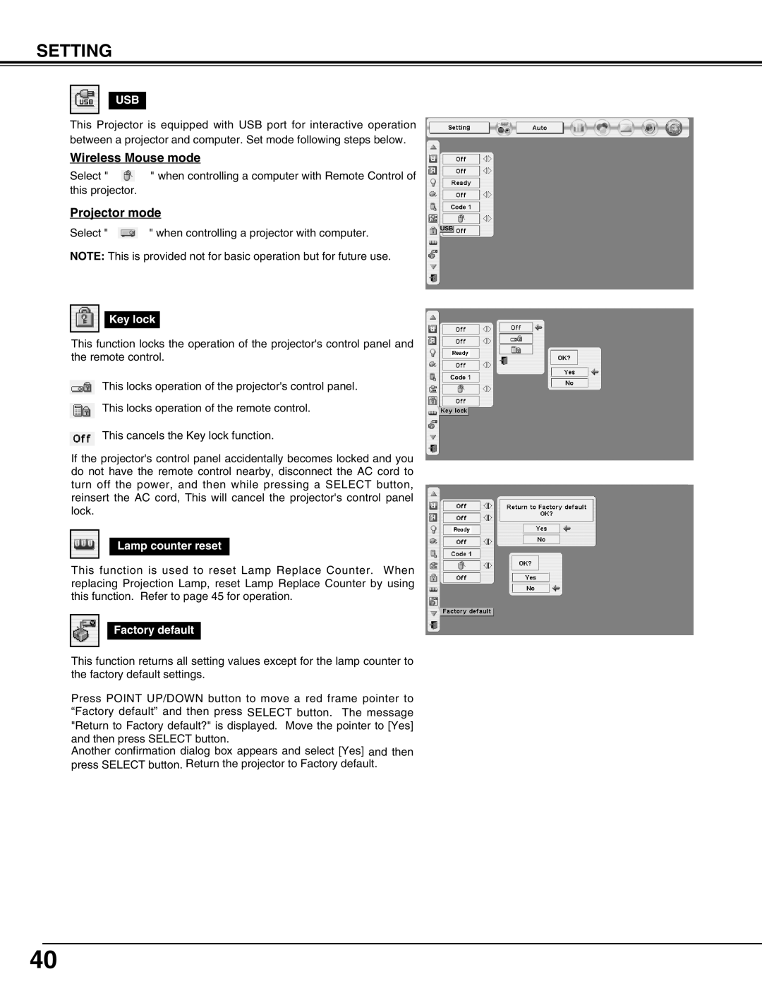 Sanyo XP51L, PLC-XP50L owner manual Wireless Mouse mode, Projector mode, Key lock, Lamp counter reset, Factory default 