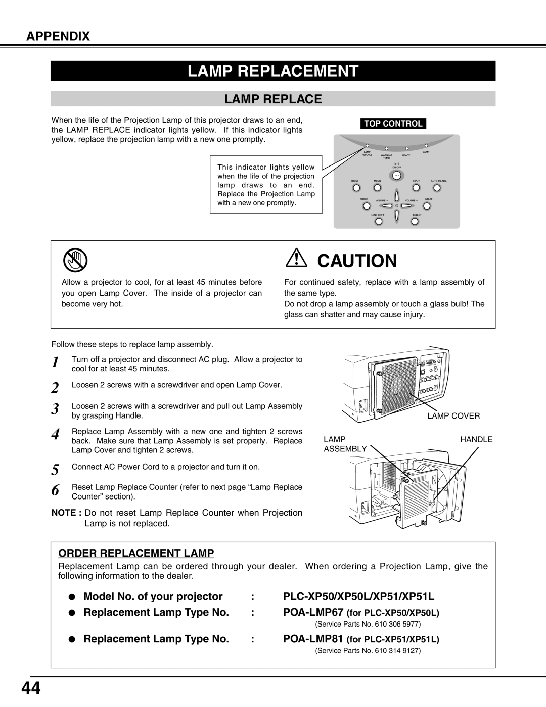 Sanyo PLC-XP50L owner manual Lamp Replacement, POA-LMP67for PLC-XP50/XP50L, POA-LMP81for PLC-XP51/XP51L 