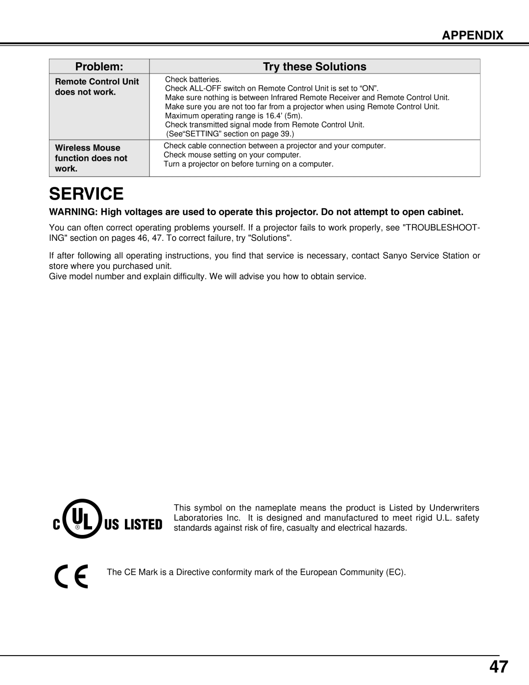 Sanyo PLC-XP50L, XP51L owner manual Service 