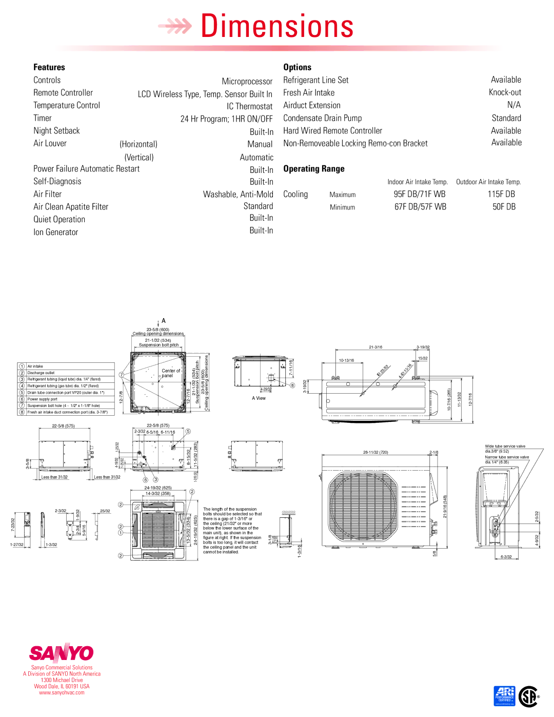 Sanyo XS1271, 12XS71 dimensions Features, Options, Operating Range 