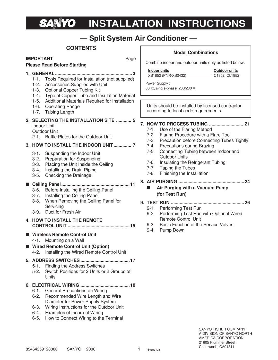 Sanyo CL1852 service manual Technical Data, Indoor Unit Outdoor Unit XS1852 C1852 