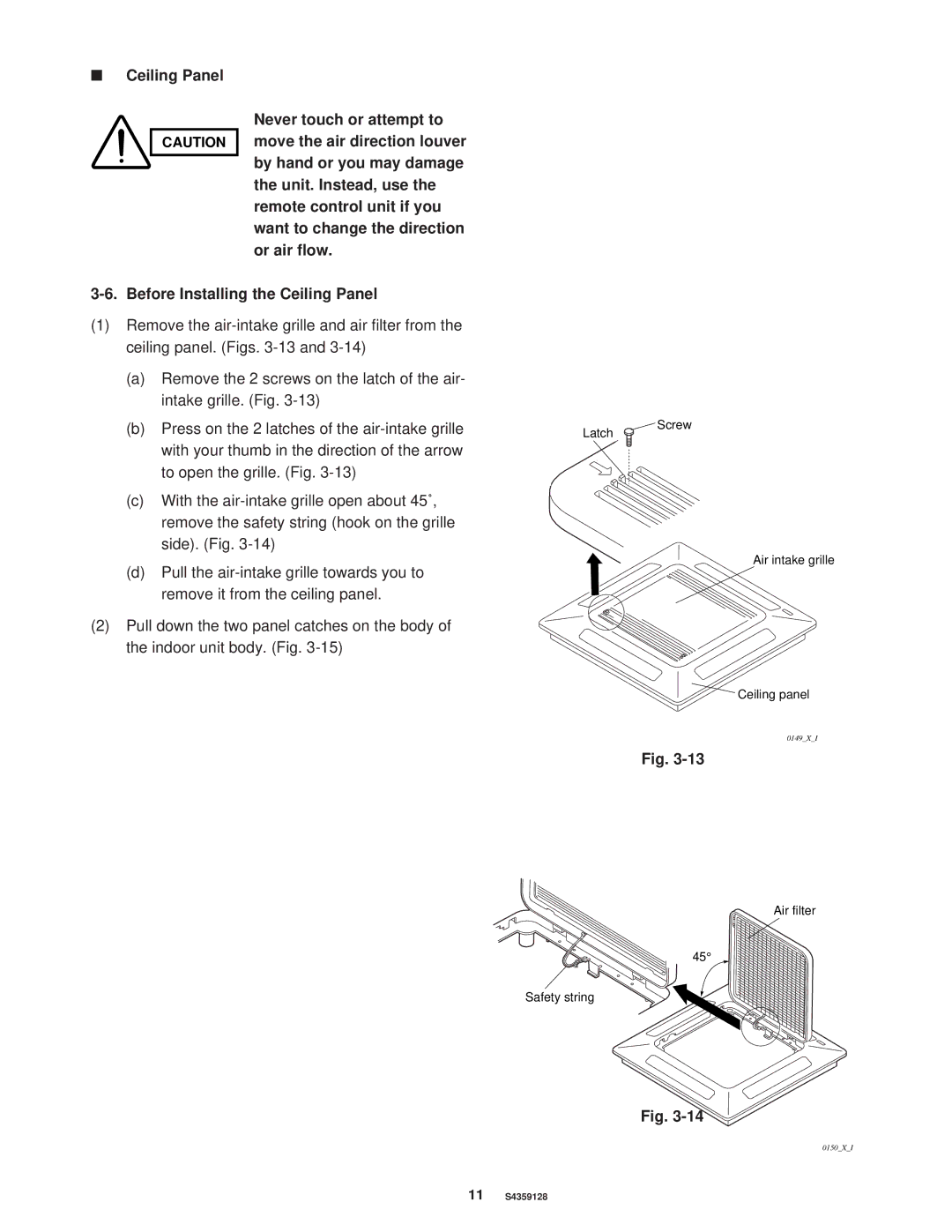 Sanyo PNR-XS2432, XS1852 installation instructions Latch Screw Air intake grille Ceiling panel 