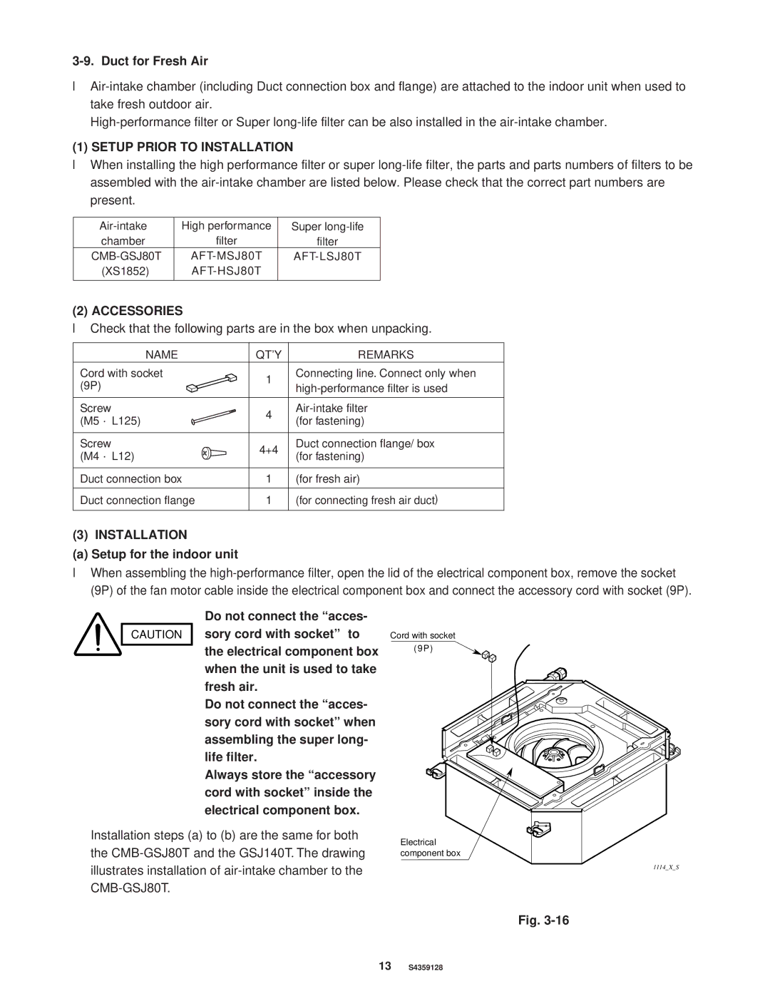 Sanyo PNR-XS2432, XS1852 installation instructions Duct for Fresh Air, Setup for the indoor unit 