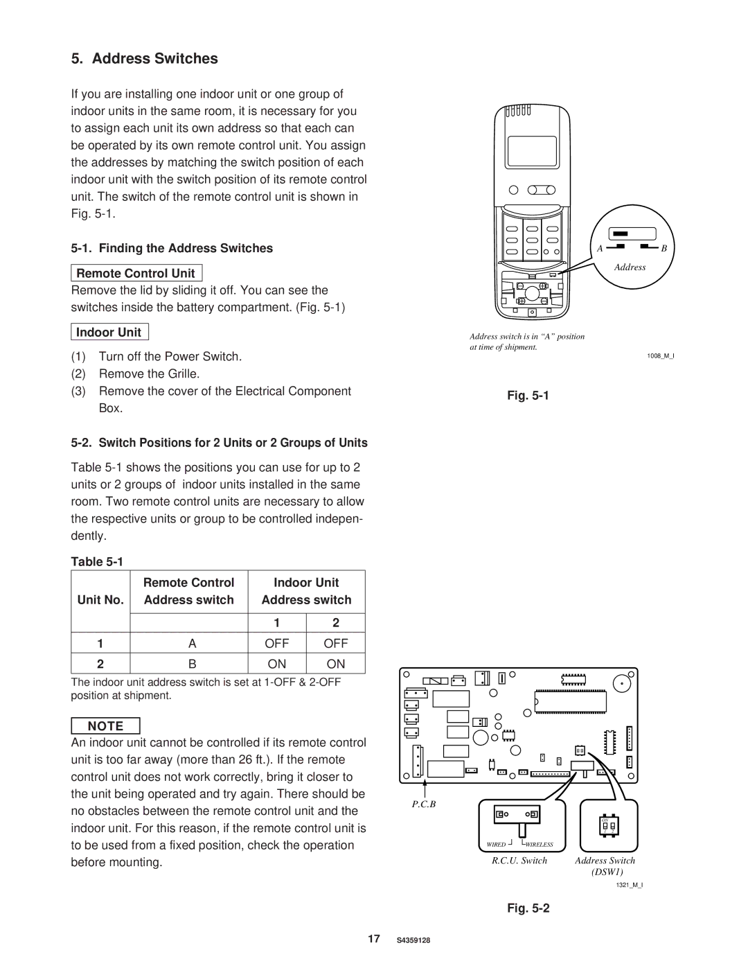 Sanyo PNR-XS2432 Finding the Address Switches Remote Control Unit, Switch Positions for 2 Units or 2 Groups of Units 