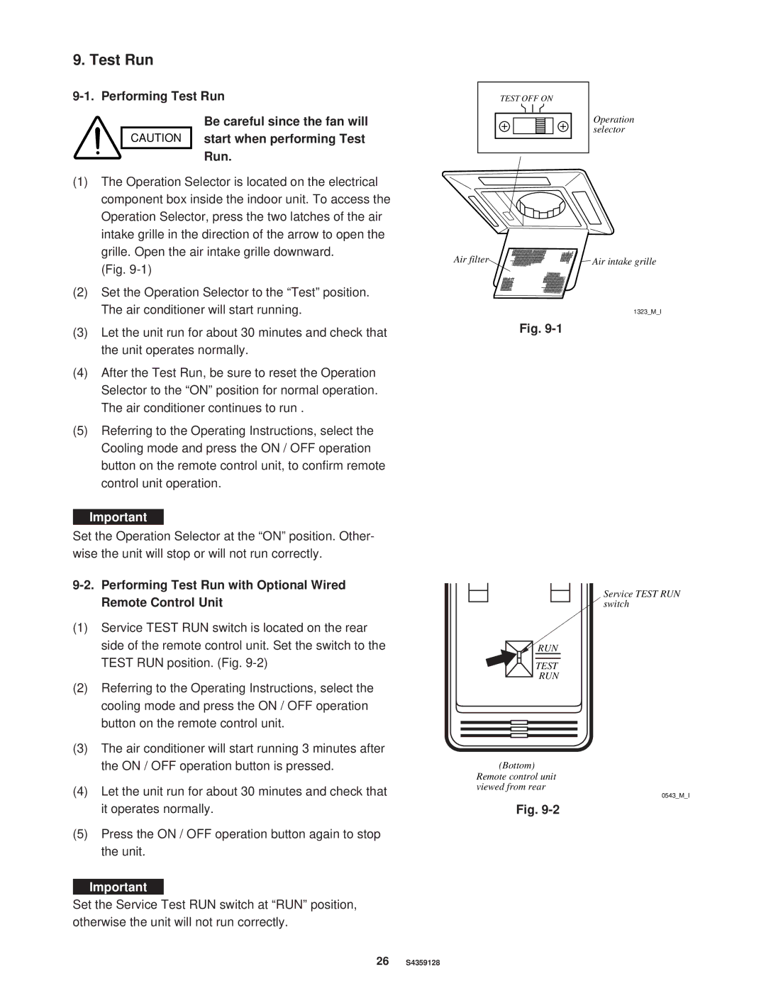 Sanyo XS1852, PNR-XS2432 installation instructions Performing Test Run Be careful since the fan will 