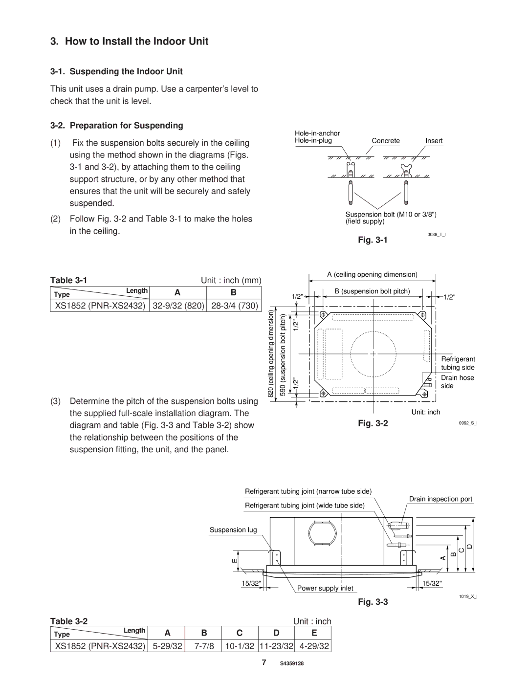 Sanyo PNR-XS2432 How to Install the Indoor Unit, Suspending the Indoor Unit, Preparation for Suspending, Unit inch mm 