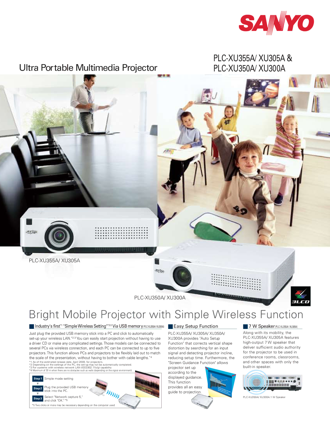 Sanyo XU350A, XU305A, XU300A manual Bright Mobile Projector with Simple Wireless Function 