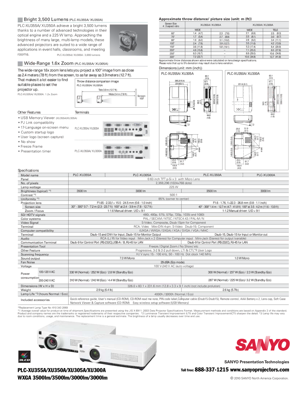 Sanyo XU300A Bright 3,500 Lumens PLC-XU355A/ XU350A, Wide-Range 1.6x Zoom PLC-XU355A/ XU305A, Other Features Terminals 