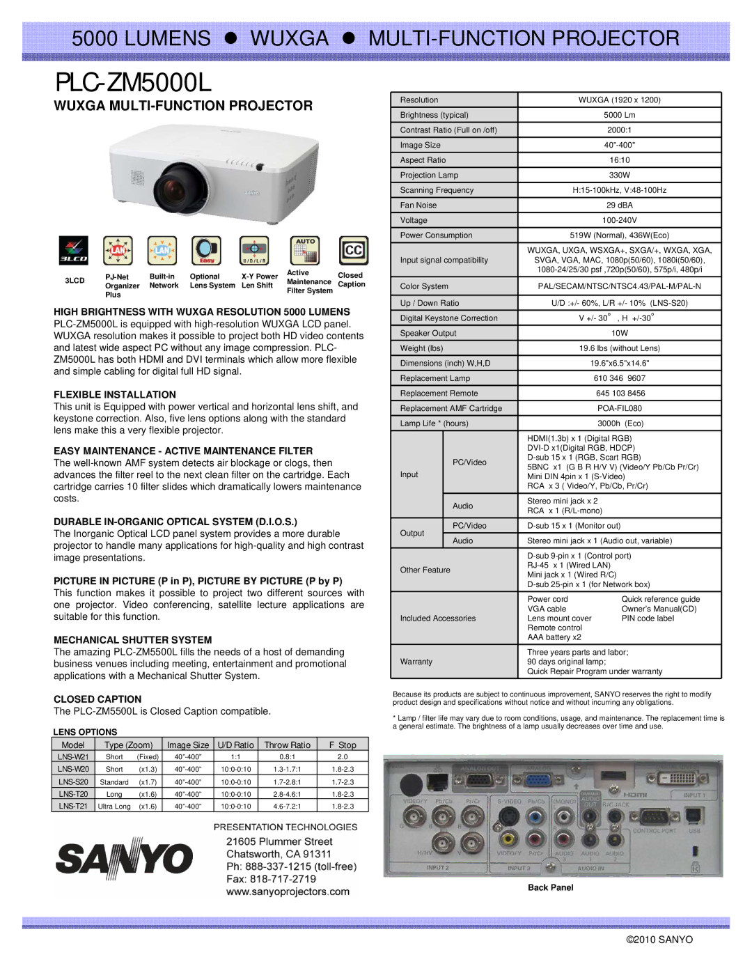 Sanyo dimensions PLC-ZM5000L, Wuxga MULTI-FUNCTION Projector 