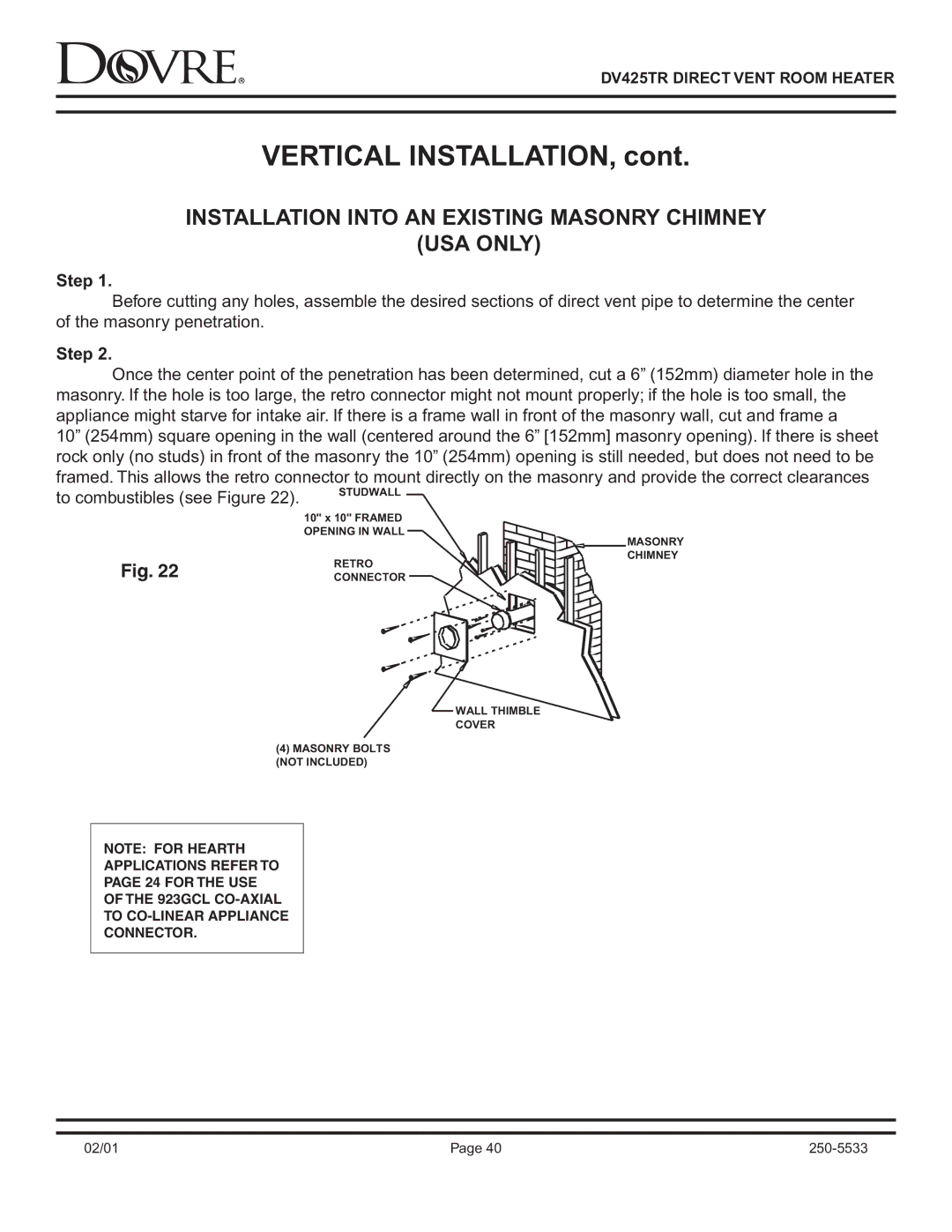 Sapphire Audio DV425TR owner manual Installation Into AN Existing Masonry Chimney USA only, To combustibles see Figure 