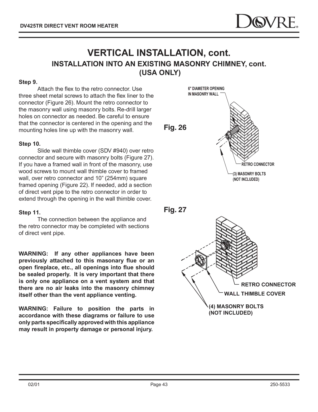 Sapphire Audio DV425TR owner manual Diameter Opening in Masonry Wall 