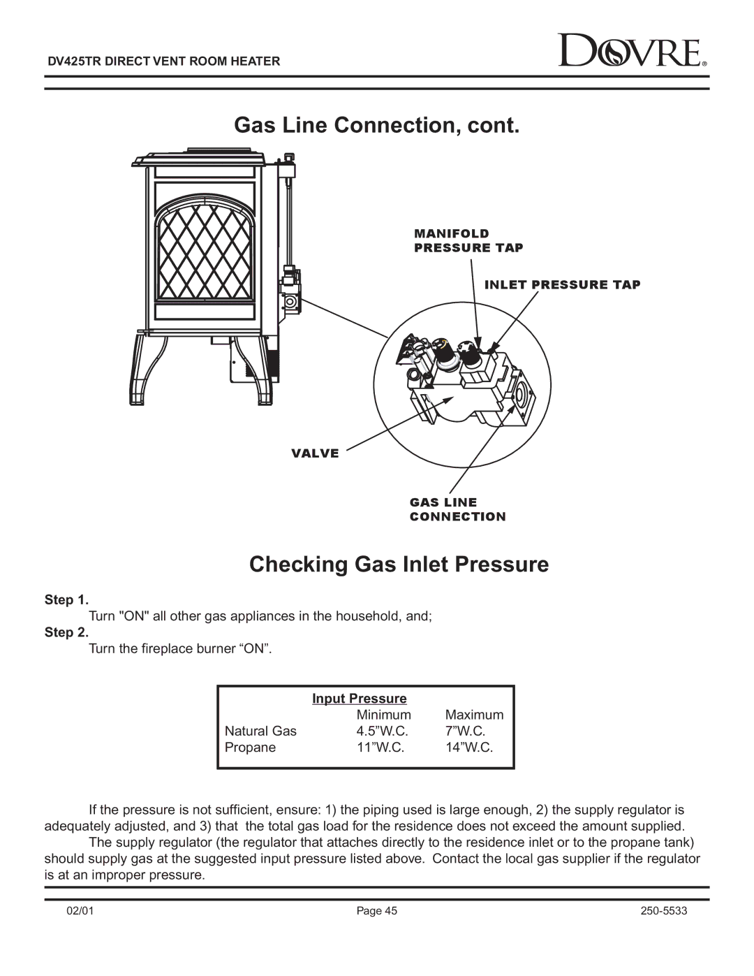 Sapphire Audio DV425TR owner manual Gas Line Connection, Checking Gas Inlet Pressure 